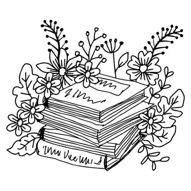  Çiçekli ve yapraklı bir kitap yığınının el çizimi vektör çizimi