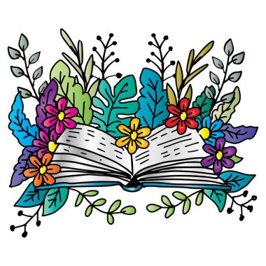 Çiçekli ve yapraklı kitap. Karalama biçiminde vektör illüstrasyonu.