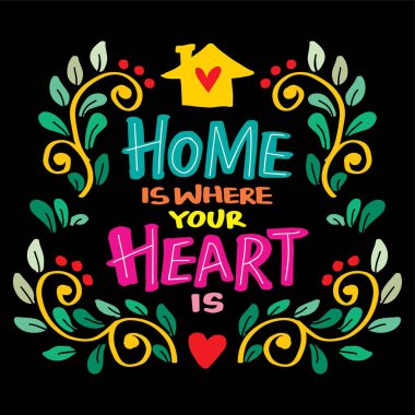  Evin, kalbinin olduğu yerdir. İlham verici bir alıntı. El yapımı klasik harfler. Vektör illüstrasyonu.