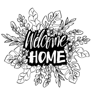 Çiçek ve yapraklarla çizilmiş eve hoş geldin. Vektör illüstrasyonu.