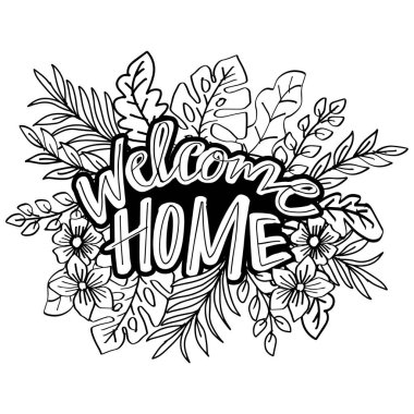 Çiçek ve yapraklarla çizilmiş eve hoş geldin. Vektör illüstrasyonu.