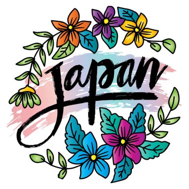  Japonlar çiçek ve yapraklarla el yazısı çizmişler. Vektör illüstrasyonu.