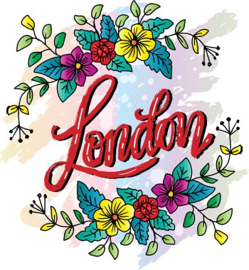 Londralı el, çiçekli bir tipografi posteri çizmiş. Vektör illüstrasyonu.