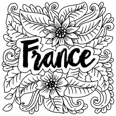 Fransa. Çiçekler ve yapraklarla yazılmış el yazısı. Vektör illüstrasyonu.