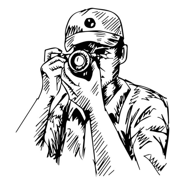 Векторный эскиз фотографа с камерой в руках. Ручная иллюстрация.