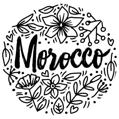 Fas 'ta. Çiçeklerle el çizimi harfler. Vektör illüstrasyonu.