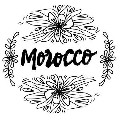 Fas 'ta. Çiçeklerle el çizimi harfler. Vektör illüstrasyonu.