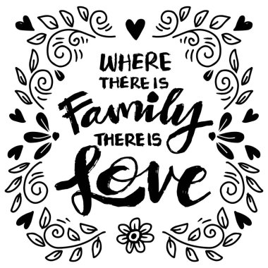 Ailenin olduğu yerde sevgi vardır. İlham verici bir alıntı. El çizimi harfler.