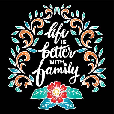 Hayat aileyle daha güzel. İlham verici bir alıntı. El yapımı klasik harfler. Vektör illüstrasyonu