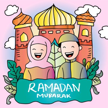 Ramazan Mübarek müslüman çiftin tebrik kartı. Vektör illüstrasyonu.