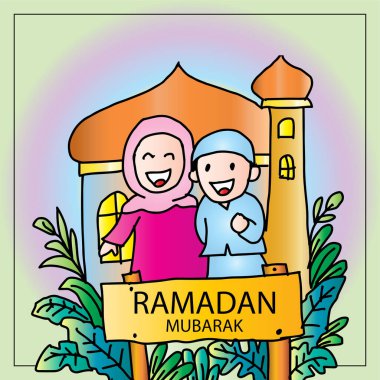 Ramazan Mübarek müslüman çiftin tebrik kartı. Vektör illüstrasyonu.
