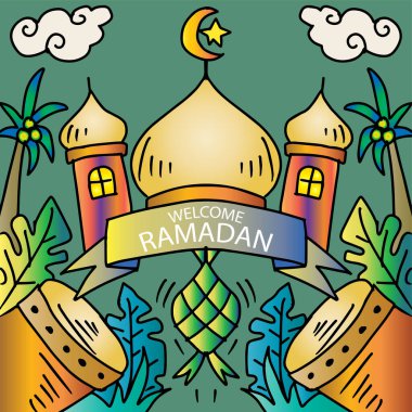 Welcome Ramadan  greeting card with mosque, drum, and ketupat. clipart