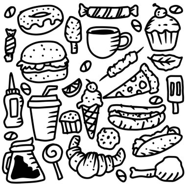  Fast food karalama seti. Fast food koleksiyonunun vektör illüstrasyonu.