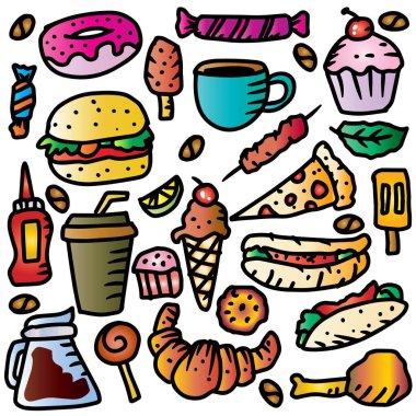  Fast food karalama seti. Fast food koleksiyonunun vektör illüstrasyonu.