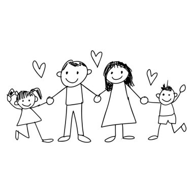 Mutlu aile el ele tutuşuyor. Anne, baba ve çocuklar. Vektör illüstrasyonu.