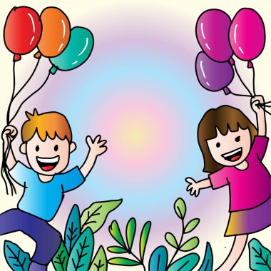 Parkta balonları olan mutlu çocuklar. Tasarımınız için vektör illüstrasyonu