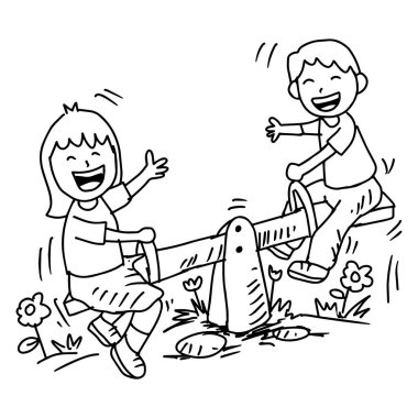 Çocuk parkında oynayan çocuklar. Oyun bahçesinde oynayan mutlu çocukların vektör çizimi.