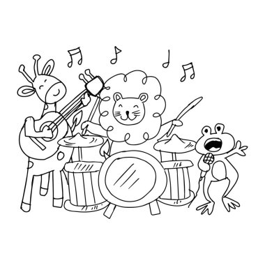 Bir grup komik çizgi film hayvanının müzik enstrümanları çalması..