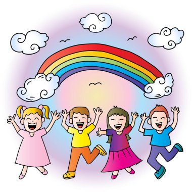 Gökkuşağı ve bulutlarla zıplayan mutlu çocuklar. Gökkuşağıyla zıplayan mutlu çocukların temsilcisi..