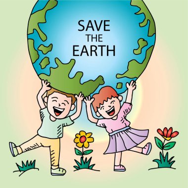 Dünya kavramını sakla. Küçük bir kız ve oğlanın kürenin vektör çizimi..