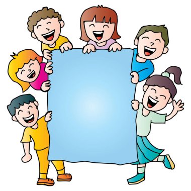 Elinde boş bir kağıt olan bir grup çocuk. Vektör illüstrasyonu.