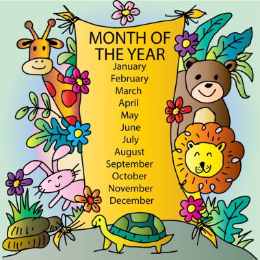 Months of the year with cute animals. Vector illustration. clipart