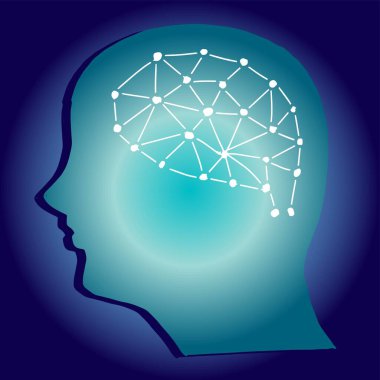 Mavi arka planda çokgen ağlı insan kafası silueti. Vektör illüstrasyonu.