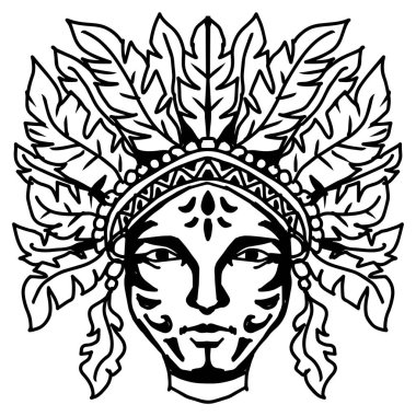 Amerikan yerlisi, tüylü, başlıklı, vektör illüstrasyonlu.