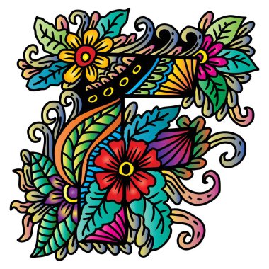 F harfi, çiçek süsüyle etnik tarzda. El çizimi vektör illüstrasyonu.