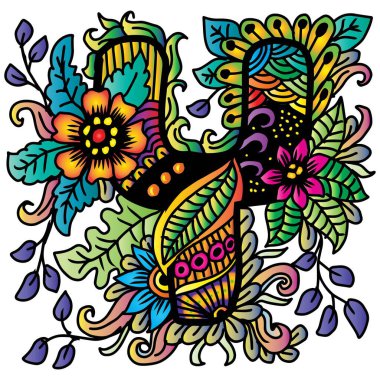 Y harfi çiçek süsüyle etnik tarzda. El çizimi vektör illüstrasyonu.