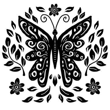 Çiçekli süslemeli kelebek. Siyah ve beyaz vektör çizimi.