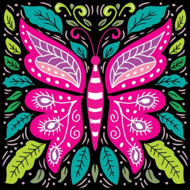 Çiçekli süslemeli kelebek. Tasarımınız için vektör illüstrasyonu.