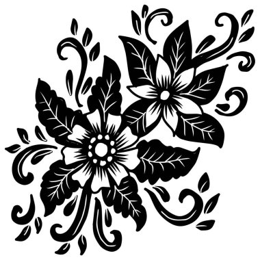 Siyah ve beyaz çiçekli karalama. El çizimi vektör illüstrasyonu.