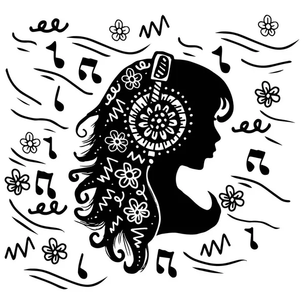  Müzik notalarıyla bir kızın kafasının çizimi.