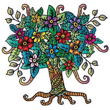 Çiçekler ve yapraklarla el çizimi ağaç. 