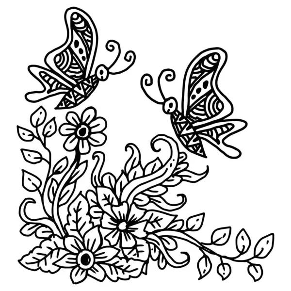 Kelebek, çiçek ve yapraklarla çizilmiş güzel bir el çizimi..