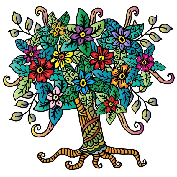 Çiçekler ve yapraklarla el çizimi ağaç. 