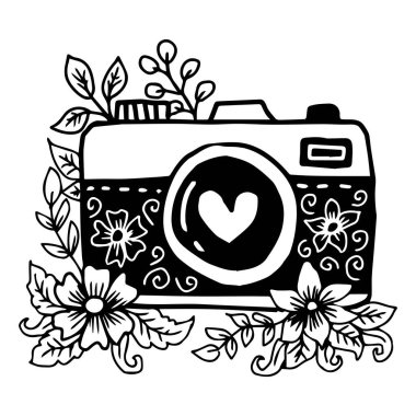 Çiçekli ve kalpli Retro kamera. Tasarımınız için vektör illüstrasyonu