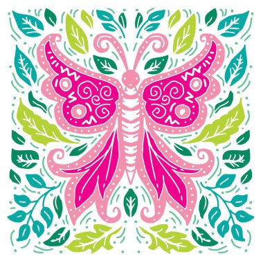 Kelebekli ve yapraklı renkli çiçek deseni. El çizimi vektör illüstrasyonu.