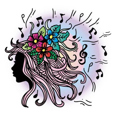 Saçında notalar ve çiçekler olan bir kız kafası silueti