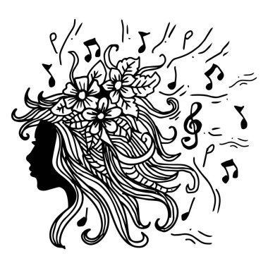 Saçında notalar ve çiçekler olan bir kız kafası silueti