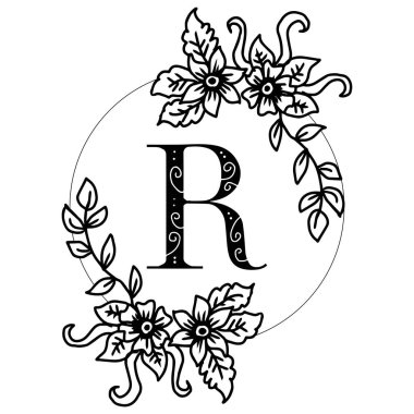 Çiçek çerçeveli R harfi, tek renkli vektör illüstrasyon grafik tasarımı