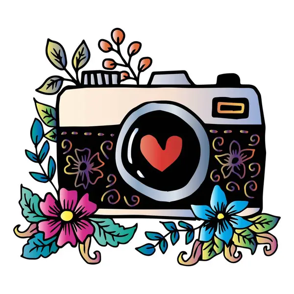 Çiçekli ve kalpli Retro kamera. Tasarımınız için vektör illüstrasyonu