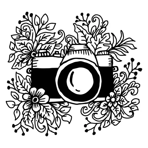 El yapımı kamera ve çiçekler. Karalama biçiminde vektör illüstrasyonu.