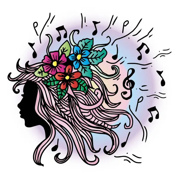Saçında notalar ve çiçekler olan bir kız kafası silueti