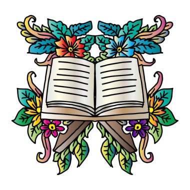 İslam kutsal Kur 'an, çiçekler ve yapraklarla. Karalama biçiminde vektör illüstrasyonu.