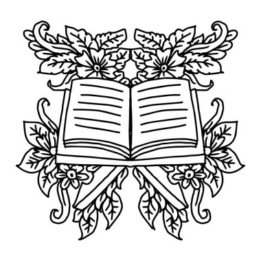 İslam 'ın kutsal Kuran' ı, çiçekli süslemeli. Siyah ve beyaz vektör çizimi.