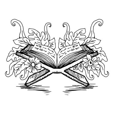 İslam 'ın kutsal Kuran' ı, çiçekli süslemeli. Siyah ve beyaz vektör çizimi.