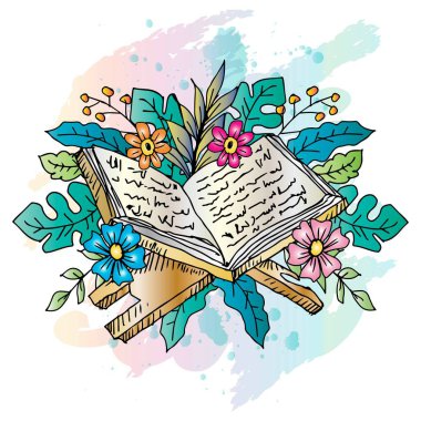 İslam kutsal Kur 'an, çiçekler ve yapraklarla. Karalama biçiminde vektör illüstrasyonu.