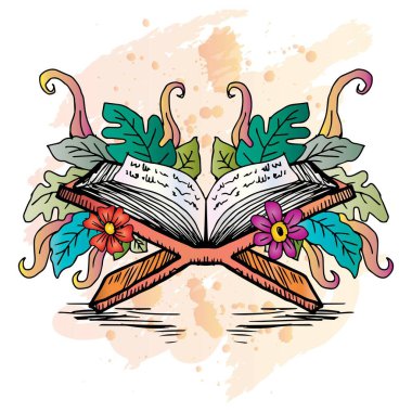 İslam kutsal Kur 'an, çiçekler ve yapraklarla. Karalama biçiminde vektör illüstrasyonu.